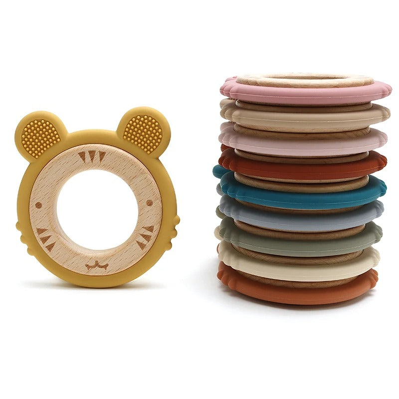 1pc Baby Teether Silicone Bracelet BPA Free Cute Cartoon Tiger Pendant Teething Toy Wood Ring Chewing Baby Accessories Toys
