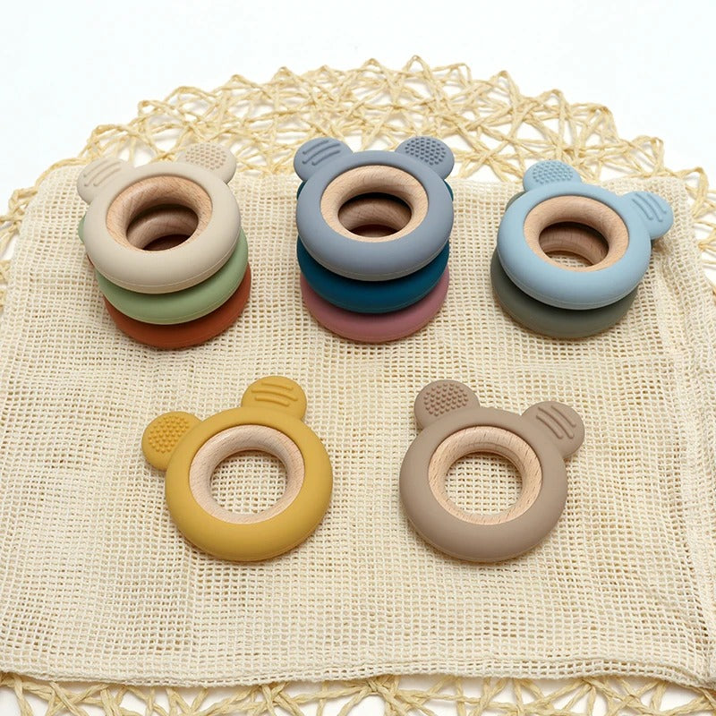 1PC Baby Silicone Teether Toy Cartoon Shape Wooden Teether Ring Kid Toy Food Grade Children's Chewing Teething Toys Accessories