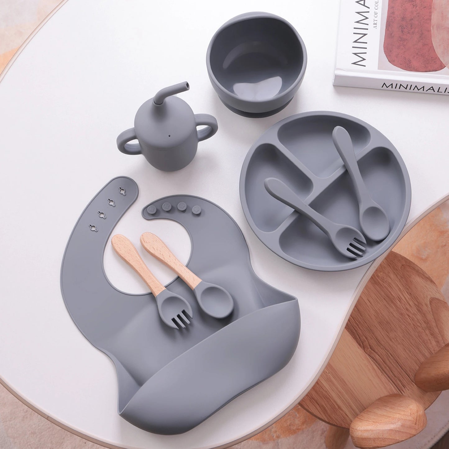 8PCS Silicone Baby Feeding Set Suction Plate BPA Free Straw Cup Waterproof Bib Spoon Fork Kids Learning Utensils Tableware