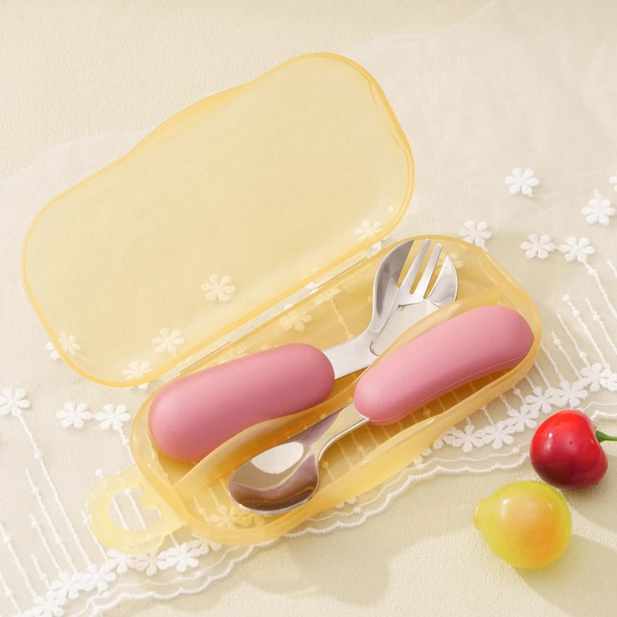 2PCS Baby Silicone Stainless Steel Fork Spoon Feeding Set Portable Kids Training Weaning Tableware Toddler Utensils Baby Stuff