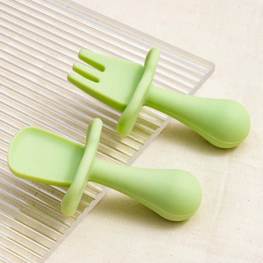 2pc Baby Silicone Spoon Fork Feeding Set Kid Training Dishes Plate Children's Tableware Toddlers Weaning Baby Accessories