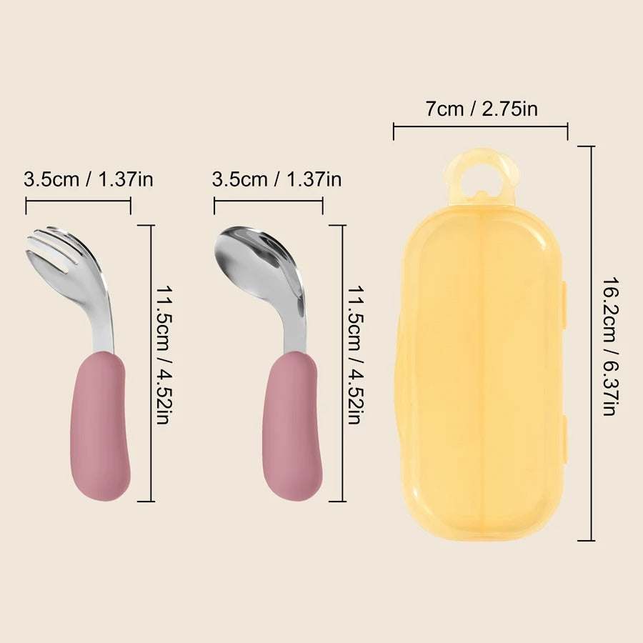 2PCS Baby Silicone Stainless Steel Fork Spoon Feeding Set Portable Kids Training Weaning Tableware Toddler Utensils Baby Stuff