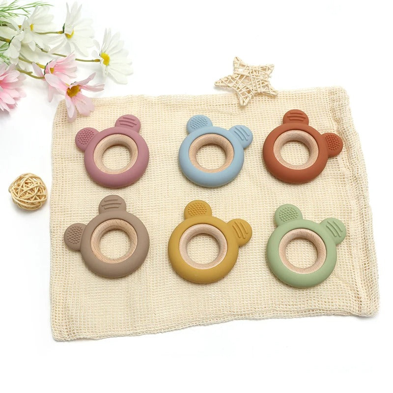 1PC Baby Silicone Teether Toy Cartoon Shape Wooden Teether Ring Kid Toy Food Grade Children's Chewing Teething Toys Accessories