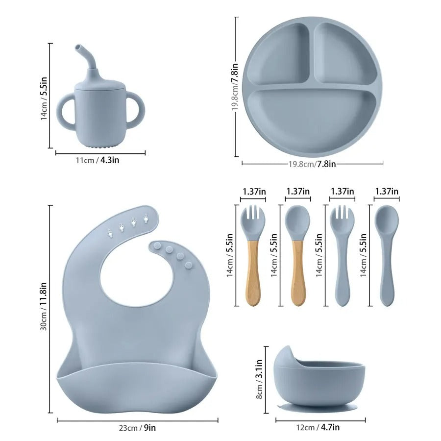 8PCS/Set BPA Free Silicone Baby Feeding Set Sucker Bowl Dishes Plate Straw Cup Spoon Forks Baby Bib For Children's Tableware