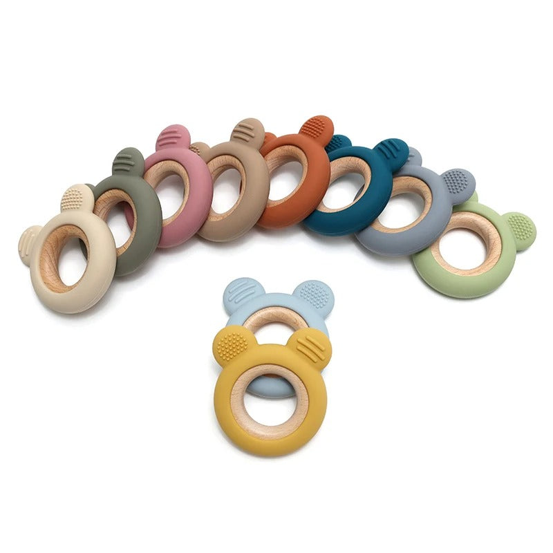1PC Baby Silicone Teether Toy Cartoon Shape Wooden Teether Ring Kid Toy Food Grade Children's Chewing Teething Toys Accessories