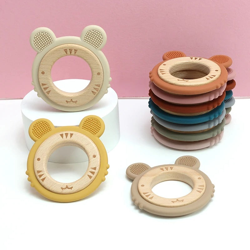 1pc Baby Teether Silicone Bracelet BPA Free Cute Cartoon Tiger Pendant Teething Toy Wood Ring Chewing Baby Accessories Toys