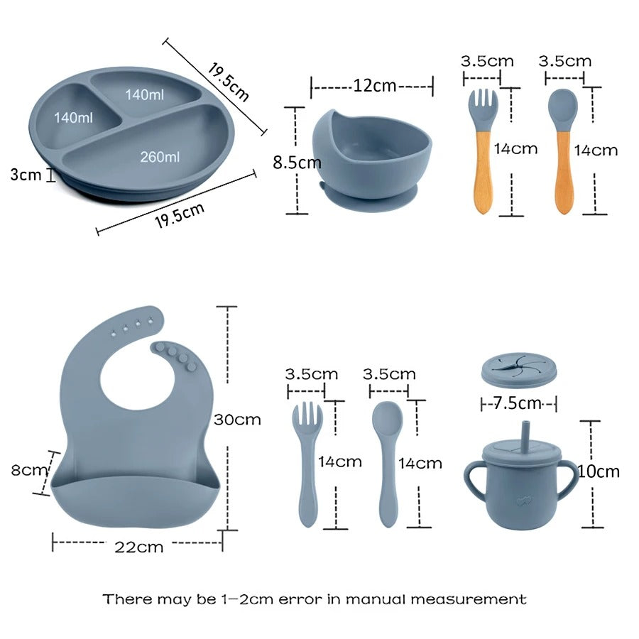 8PCS Baby Silicone Feeding Set Bibs Sucker Dinner Plate Antislip Bowl Spoon Cup Children's Tableware Baby Stuff