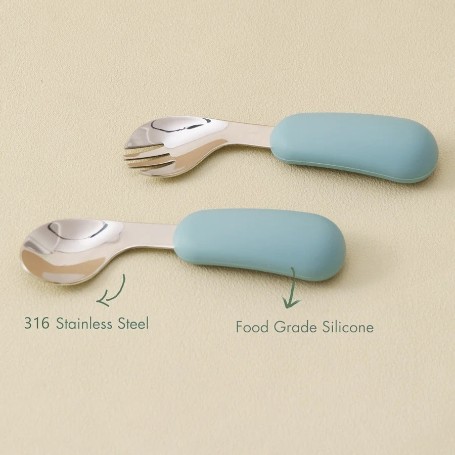 2PCS Baby Silicone Stainless Steel Fork Spoon Feeding Set Portable Kids Training Weaning Tableware Toddler Utensils Baby Stuff