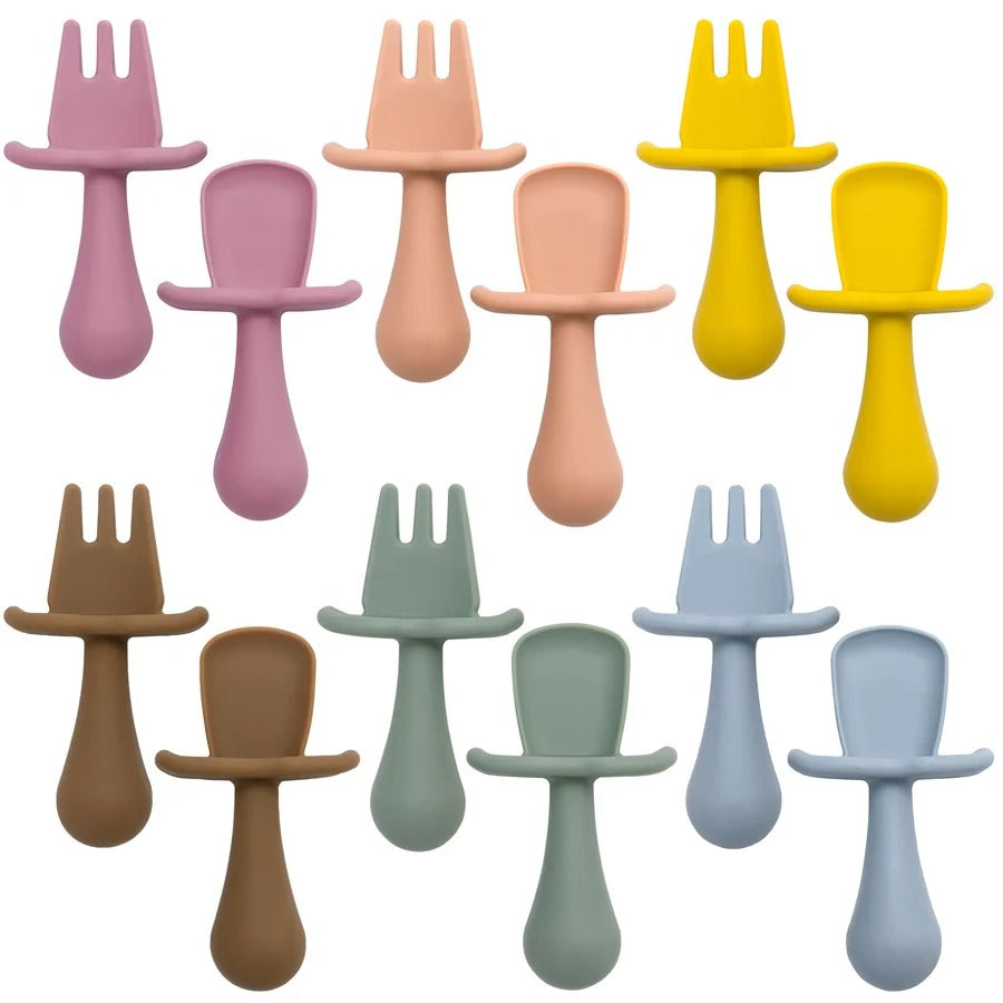 2pc Baby Silicone Spoon Fork Feeding Set Kid Training Dishes Plate Children's Tableware Toddlers Weaning Baby Accessories