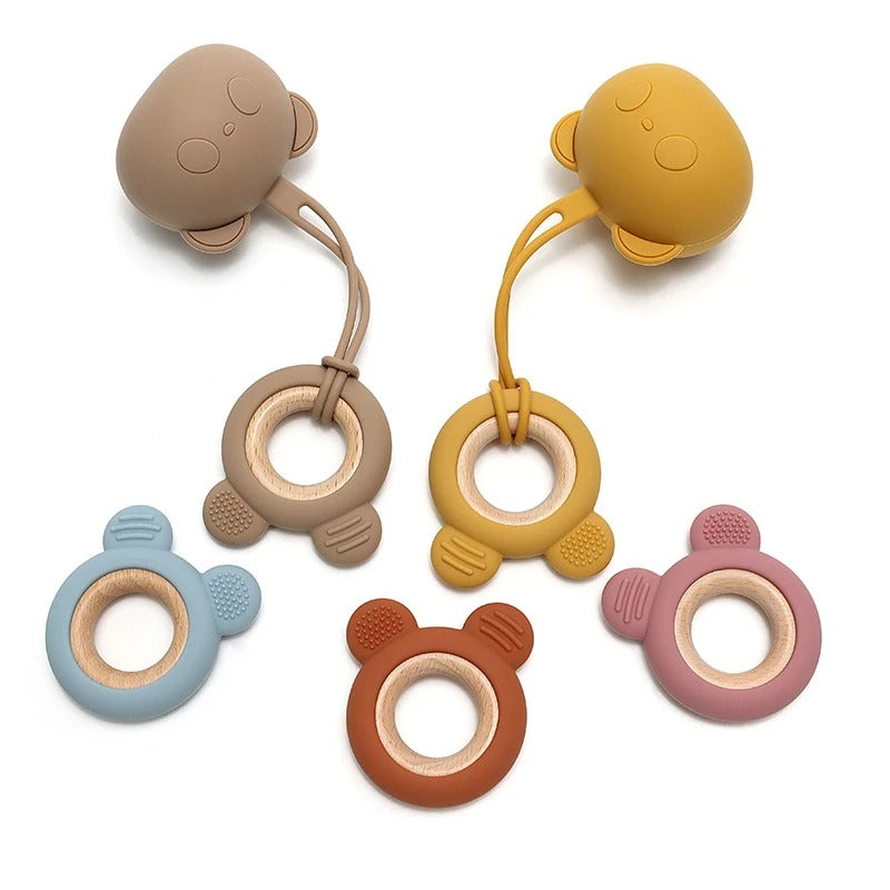 1PC Baby Silicone Teether Toy Cartoon Shape Wooden Teether Ring Kid Toy Food Grade Children's Chewing Teething Toys Accessories