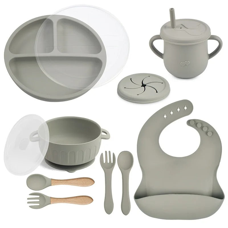 10pcs/Set Baby Children's Tableware Feeidng BPA Free Solid Color Food Plates Sucker Dishes Spoon Fork Sippy Cup Baby Stuff