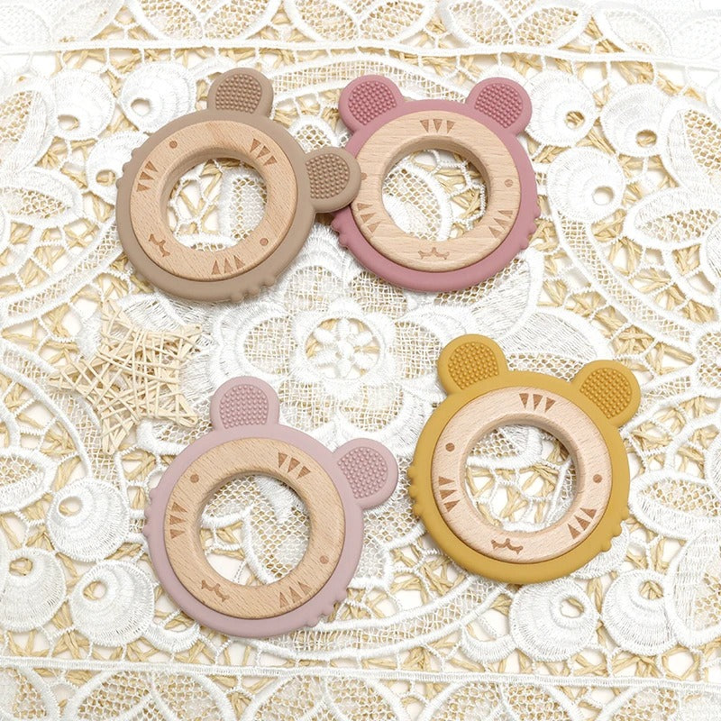 1pc Baby Teether Silicone Bracelet BPA Free Cute Cartoon Tiger Pendant Teething Toy Wood Ring Chewing Baby Accessories Toys