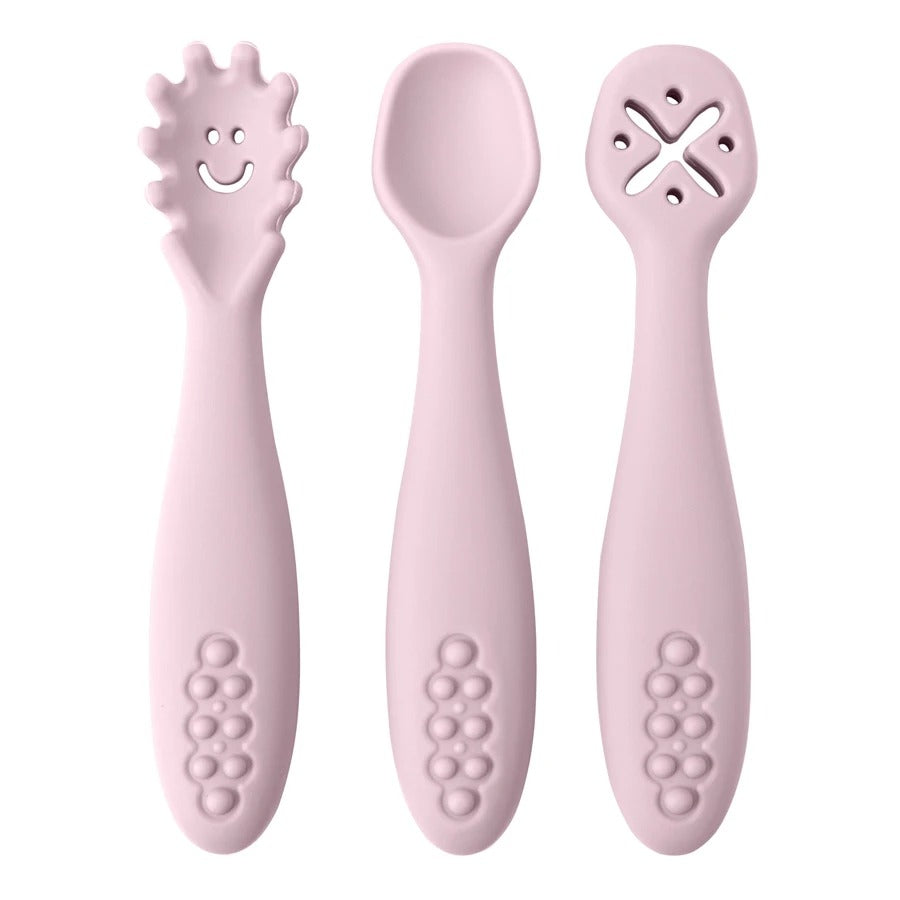 3PCS Kawaii Baby Learning Spoons Utensils Set Toddler Feeding Tableware Baby Silicone Teether Toys Training Cutlery Baby Stuff