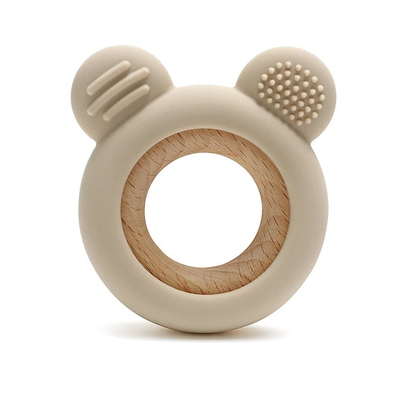 1PC Baby Silicone Teether Toy Cartoon Shape Wooden Teether Ring Kid Toy Food Grade Children's Chewing Teething Toys Accessories