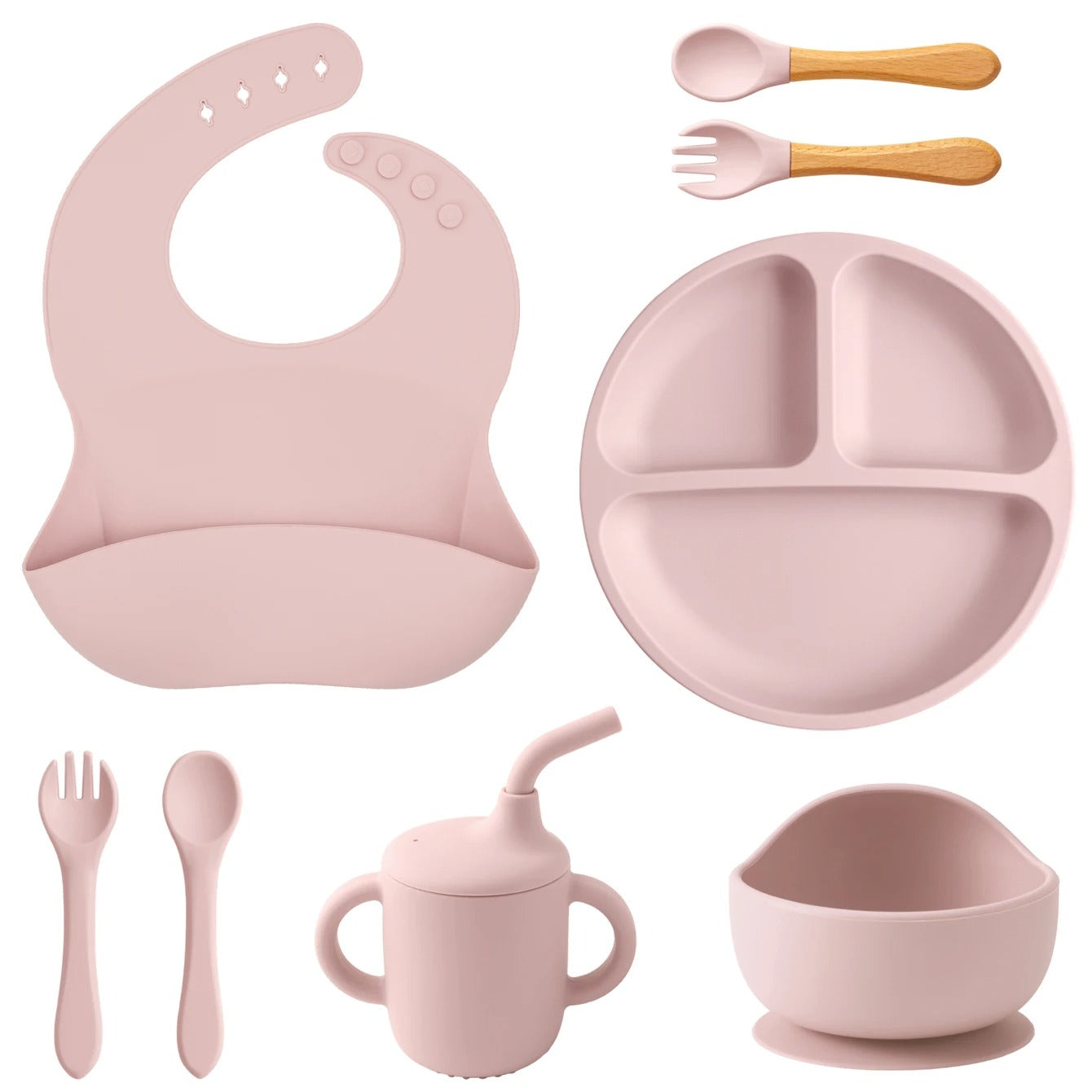 8PCS Silicone Baby Feeding Set Suction Plate BPA Free Straw Cup Waterproof Bib Spoon Fork Kids Learning Utensils Tableware
