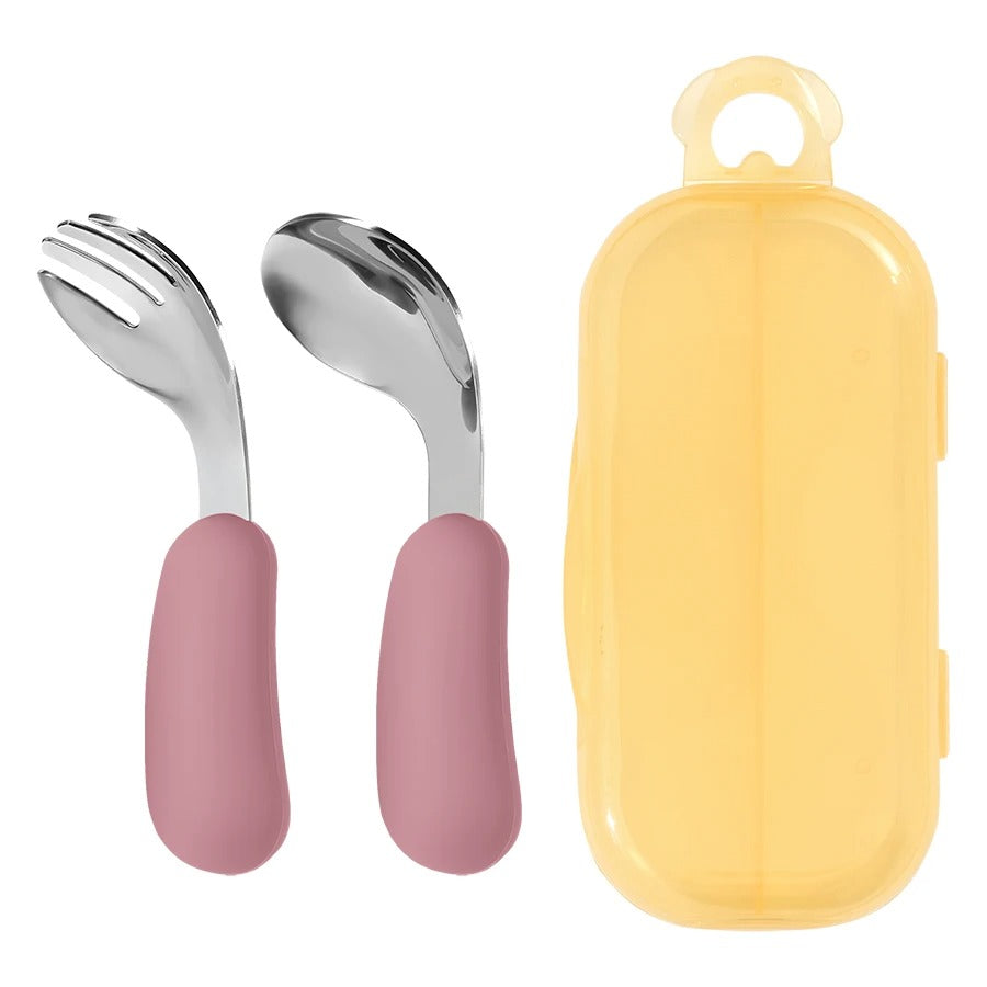 2PCS Baby Silicone Stainless Steel Fork Spoon Feeding Set Portable Kids Training Weaning Tableware Toddler Utensils Baby Stuff