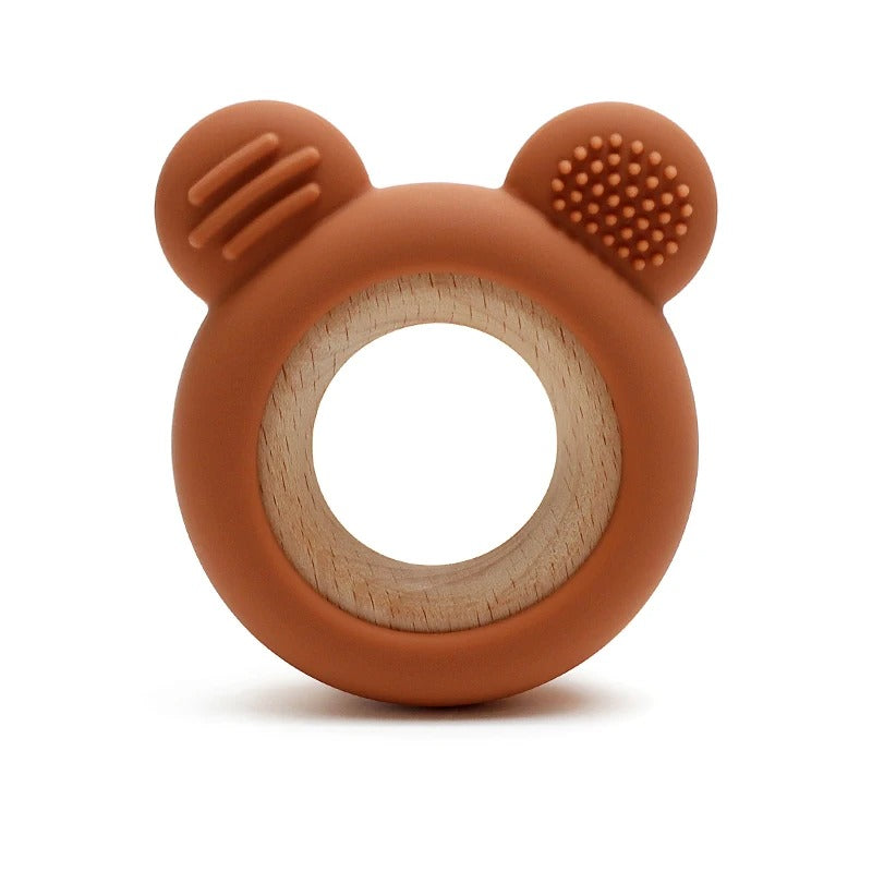 1PC Baby Silicone Teether Toy Cartoon Shape Wooden Teether Ring Kid Toy Food Grade Children's Chewing Teething Toys Accessories