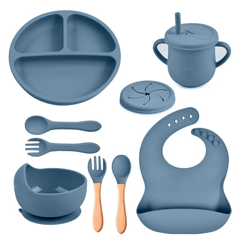 8PCS Baby Silicone Feeding Set Bibs Sucker Dinner Plate Antislip Bowl Spoon Cup Children's Tableware Baby Stuff