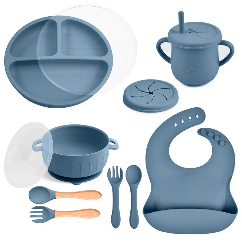 10pcs/Set Baby Children's Tableware Feeidng BPA Free Solid Color Food Plates Sucker Dishes Spoon Fork Sippy Cup Baby Stuff
