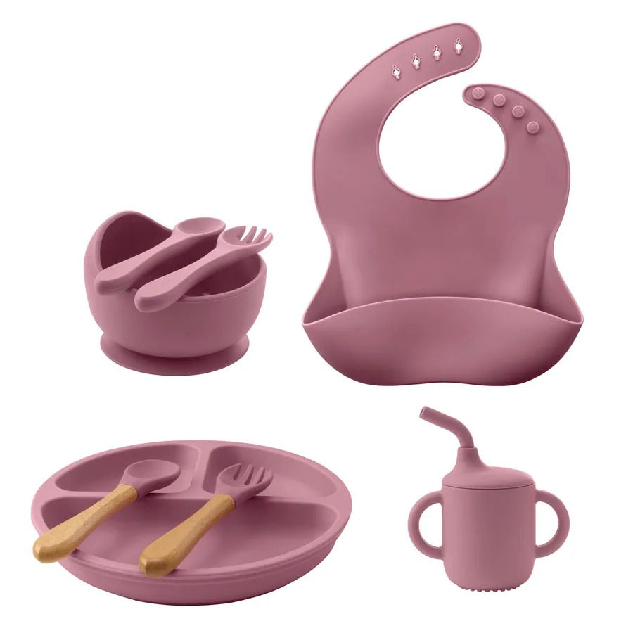 8PCS/Set BPA Free Silicone Baby Feeding Set Sucker Bowl Dishes Plate Straw Cup Spoon Forks Baby Bib For Children's Tableware