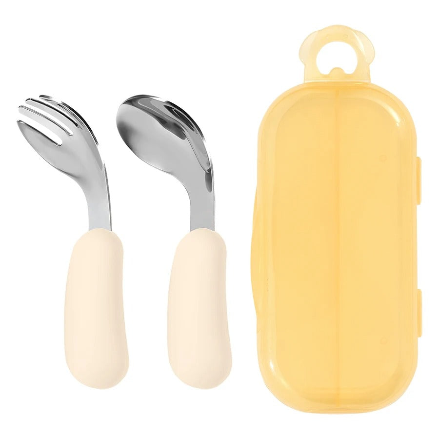 2PCS Baby Silicone Stainless Steel Fork Spoon Feeding Set Portable Kids Training Weaning Tableware Toddler Utensils Baby Stuff