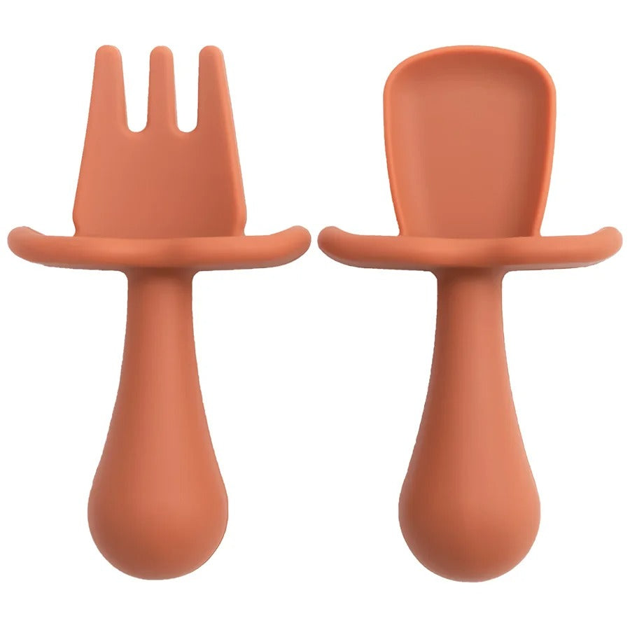 2pc Baby Silicone Spoon Fork Feeding Set Kid Training Dishes Plate Children's Tableware Toddlers Weaning Baby Accessories