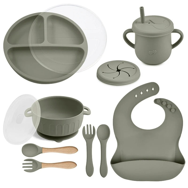 10pcs/Set Baby Children's Tableware Feeidng BPA Free Solid Color Food Plates Sucker Dishes Spoon Fork Sippy Cup Baby Stuff