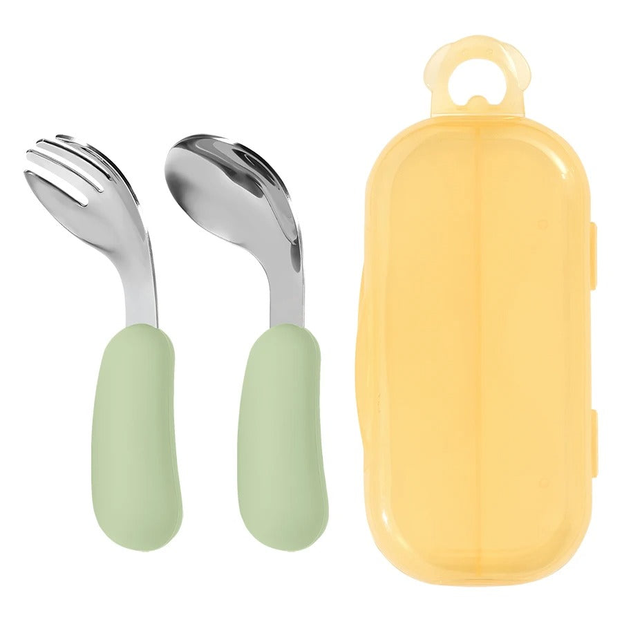 2PCS Baby Silicone Stainless Steel Fork Spoon Feeding Set Portable Kids Training Weaning Tableware Toddler Utensils Baby Stuff