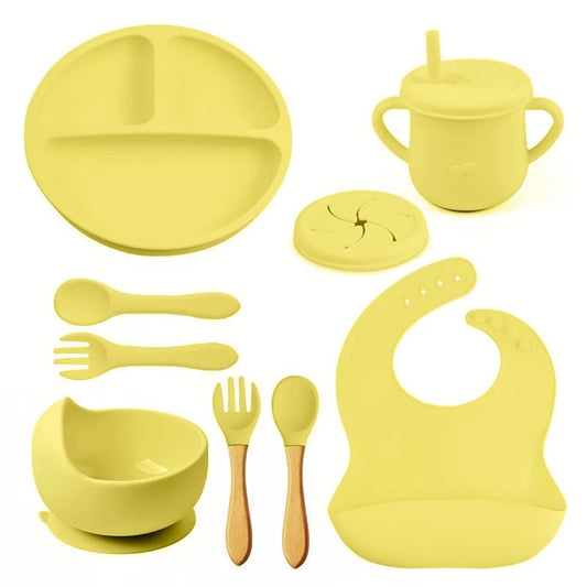 8PCS Baby Silicone Feeding Set Bibs Sucker Dinner Plate Antislip Bowl Spoon Cup Children's Tableware Baby Stuff