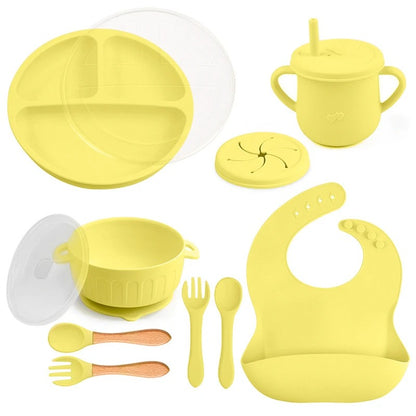 10pcs/Set Baby Children's Tableware Feeidng BPA Free Solid Color Food Plates Sucker Dishes Spoon Fork Sippy Cup Baby Stuff