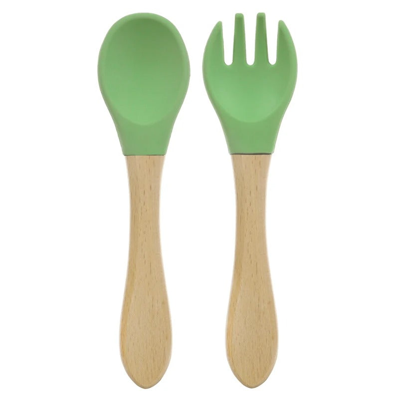 2PCS Silicone Spoon Fork For Baby Utensils Set Baby Feeding Spoon Cutlery Food Grade Material Wooden Handle Spoon Baby Items
