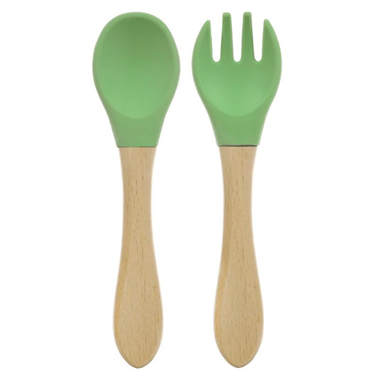 2PCS Silicone Spoon Fork For Baby Utensils Set Baby Feeding Spoon Cutlery Food Grade Material Wooden Handle Spoon Baby Items