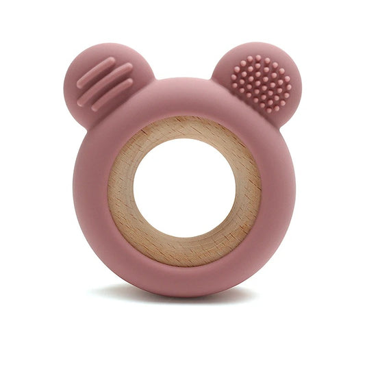 1PC Baby Silicone Teether Toy Cartoon Shape Wooden Teether Ring Kid Toy Food Grade Children's Chewing Teething Toys Accessories