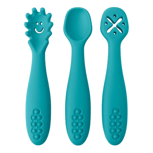 3PCS Kawaii Baby Learning Spoons Utensils Set Toddler Feeding Tableware Baby Silicone Teether Toys  Training Cutlery Baby Stuff