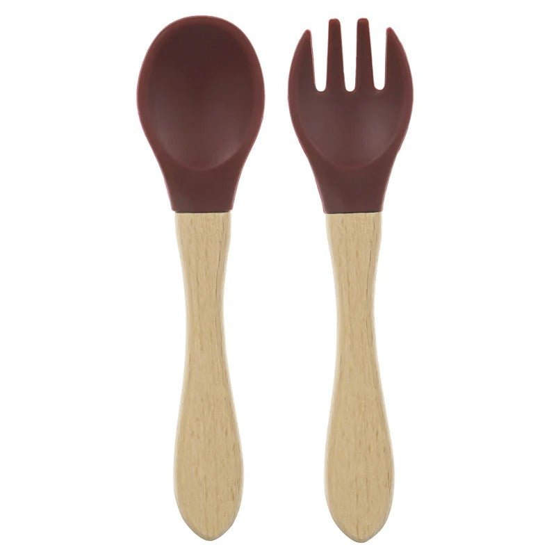 2PCS Silicone Spoon Fork For Baby Utensils Set Baby Feeding Spoon Cutlery Food Grade Material Wooden Handle Spoon Baby Items