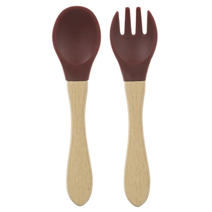 2PCS Silicone Spoon Fork For Baby Utensils Set Baby Feeding Spoon Cutlery Food Grade Material Wooden Handle Spoon Baby Items