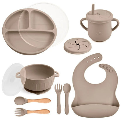 10pcs/Set Baby Children's Tableware Feeidng BPA Free Solid Color Food Plates Sucker Dishes Spoon Fork Sippy Cup Baby Stuff