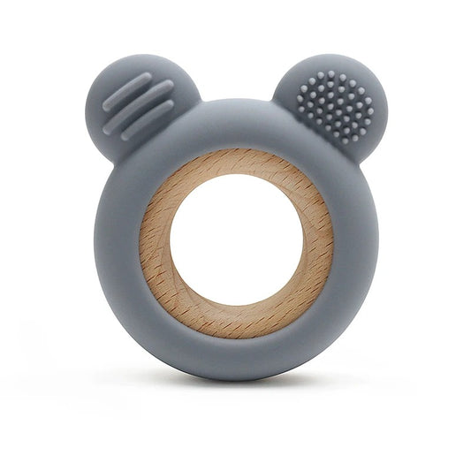 1PC Baby Silicone Teether Toy Cartoon Shape Wooden Teether Ring Kid Toy Food Grade Children's Chewing Teething Toys Accessories