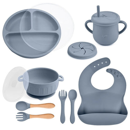 10pcs/Set Baby Children's Tableware Feeidng BPA Free Solid Color Food Plates Sucker Dishes Spoon Fork Sippy Cup Baby Stuff