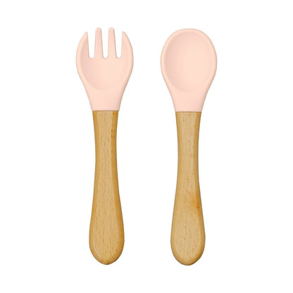 2PCS Silicone Spoon Fork For Baby Utensils Set Baby Feeding Spoon Cutlery Food Grade Material Wooden Handle Spoon Baby Items