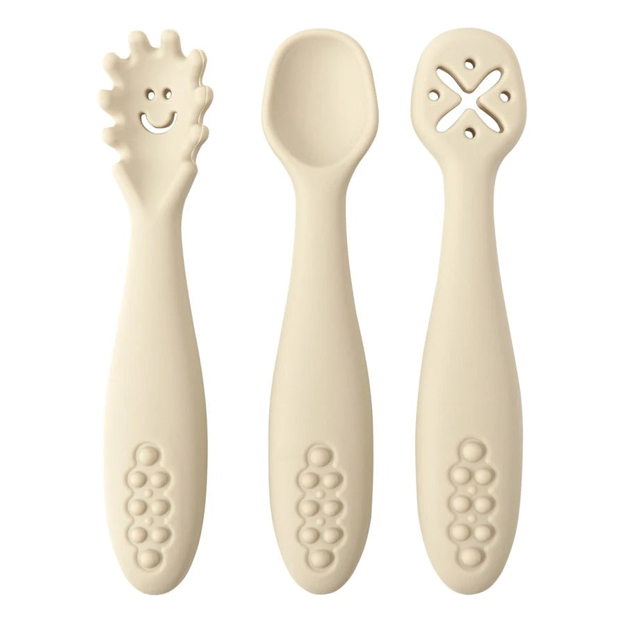 3PCS Kawaii Baby Learning Spoons Utensils Set Toddler Feeding Tableware Baby Silicone Teether Toys  Training Cutlery Baby Stuff