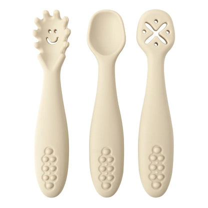3PCS Kawaii Baby Learning Spoons Utensils Set Toddler Feeding Tableware Baby Silicone Teether Toys  Training Cutlery Baby Stuff