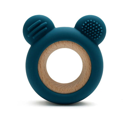 1PC Baby Silicone Teether Toy Cartoon Shape Wooden Teether Ring Kid Toy Food Grade Children's Chewing Teething Toys Accessories