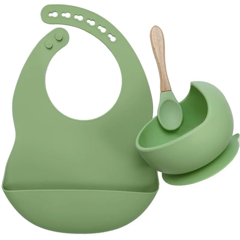 3PCS Baby Silicone Feeding Set Bibs Sucker Dinner Plate Antislip Bowl Spoon Cup Children's Tableware Baby Stuff