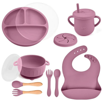 10pcs/Set Baby Children's Tableware Feeidng BPA Free Solid Color Food Plates Sucker Dishes Spoon Fork Sippy Cup Baby Stuff
