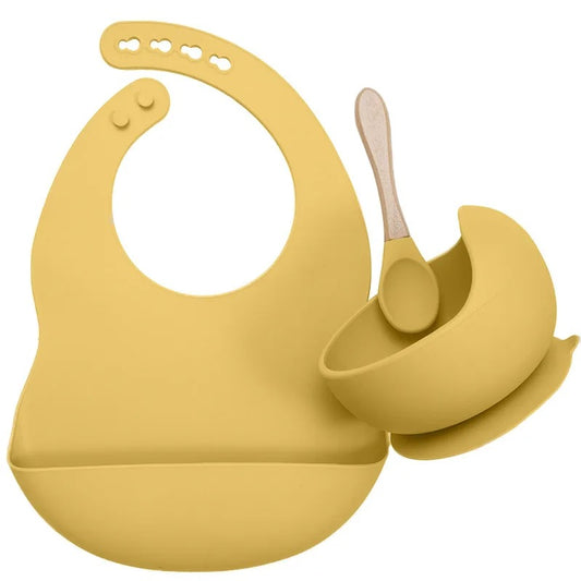 3PCS Baby Silicone Feeding Set Bibs Sucker Dinner Plate Antislip Bowl Spoon Cup Children's Tableware Baby Stuff