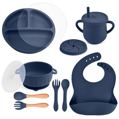 10pcs/Set Baby Children's Tableware Feeidng BPA Free Solid Color Food Plates Sucker Dishes Spoon Fork Sippy Cup Baby Stuff