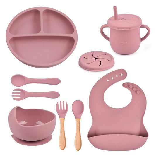 8PCS Baby Silicone Feeding Set Bibs Sucker Dinner Plate Antislip Bowl Spoon Cup Children's Tableware Baby Stuff