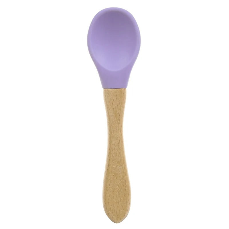 2PCS Silicone Spoon Fork For Baby Utensils Set Baby Feeding Spoon Cutlery Food Grade Material Wooden Handle Spoon Baby Items