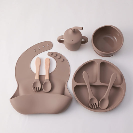 8PCS Silicone Baby Feeding Set Suction Plate BPA Free Straw Cup Waterproof Bib Spoon Fork Kids Learning Utensils Tableware
